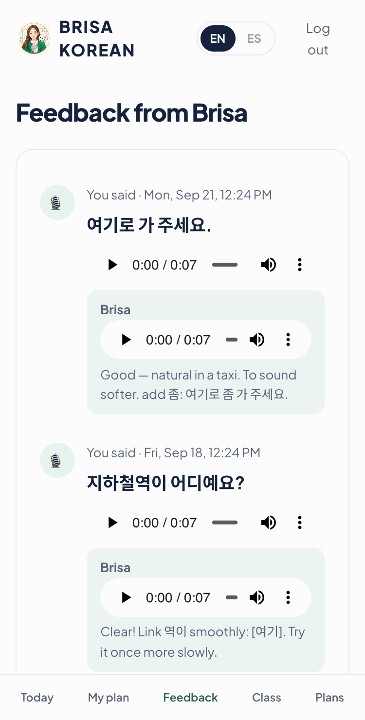 Brisa Korean app, Feedback tab: a recording of 여기로 가 주세요 with Brisa’s voice reply and a written note