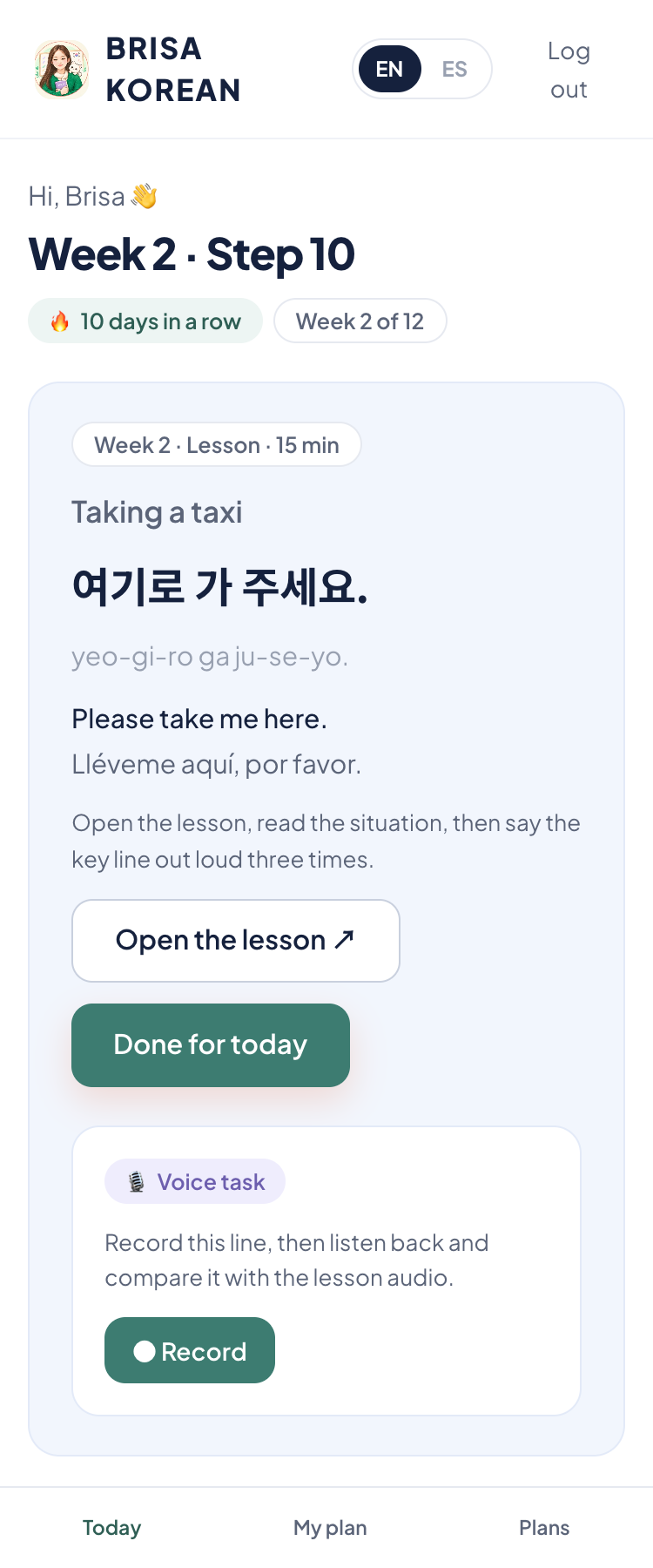 Brisa Korean app, Today screen: a taxi lesson with the key line 여기로 가 주세요 and a voice recording task